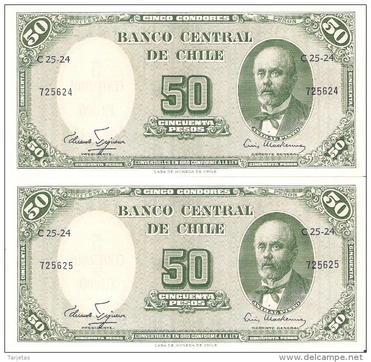 PAREJA CORRELATIVA DE CHILE DE 50 PESOS DEL AÑO 1960-61 (BANKNOTE) SIN CIRCULAR-UNCIRCULATED - Chili