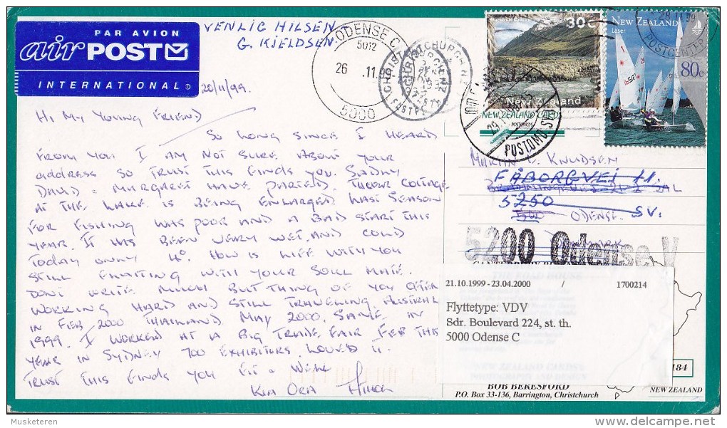 New Zealand PPC Christchurch AIRPOST Par Avion Label CHRISTCHURCH 1999 ODENSE Denmark READRESSED (2 Scans) - Corréo Aéreo