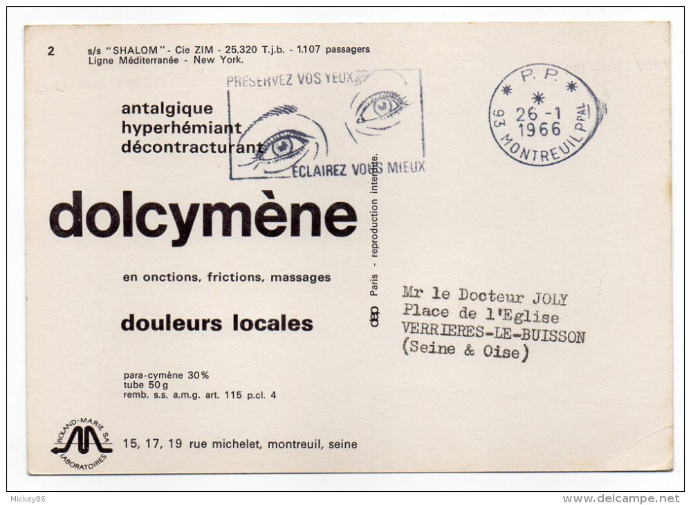 Bateau-Paquebot-"SHALOM"Cie Zim,Ligne Méditerranée-New-York-Pub DOLCYMENE-1966--Beau Cachet   PP-93-Montreuil-93 - Dampfer