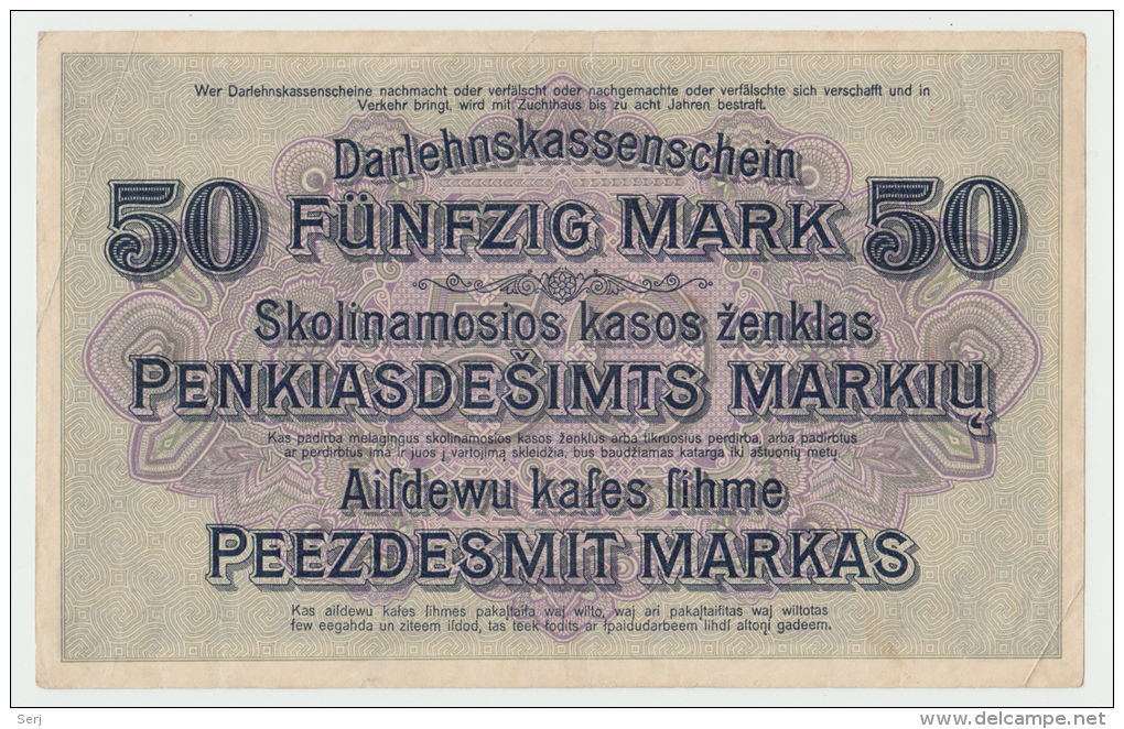 Germany WWI Occupation Of Lithuania 50 Mark 1918 AVF+ - 50 Mark