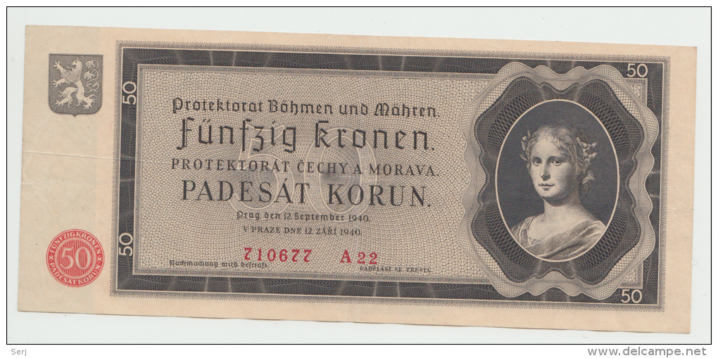 Bohemia &amp; Moravia 50 Korun 1940 VF++ AXF CRISP Banknote Pick 5a - 2° Guerra Mondiale