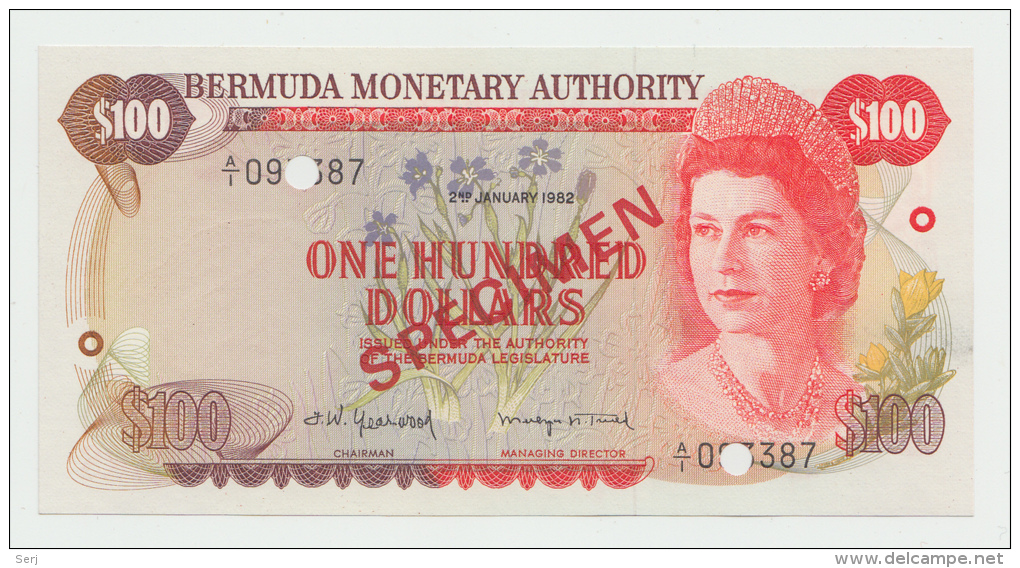 Bermuda 100 DOLLARS 2.1. 1982 UNC Pick 33s  SPECIMEN - Bermudas