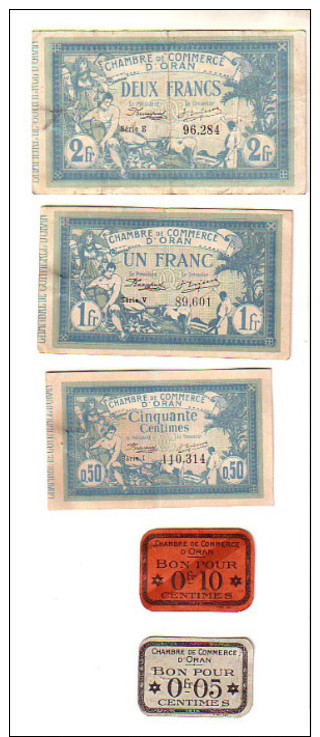 Série  Complète  Billets  Ch. De Commerce  Algérie. Ville D' Oran.  Avec 5  Et 10  Cts...  ENVOI  GRATUIT  En  FRANCE  ! - Cámara De Comercio