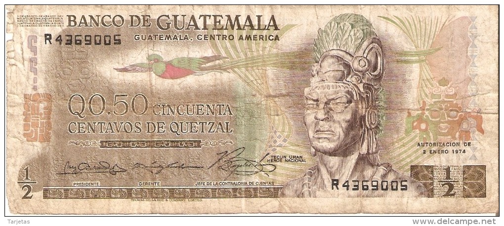 BILLETE DE GUATEMALA DE 1/2 QUETZAL DEL  2 ENERO 1974 (BANK NOTE) - Guatemala