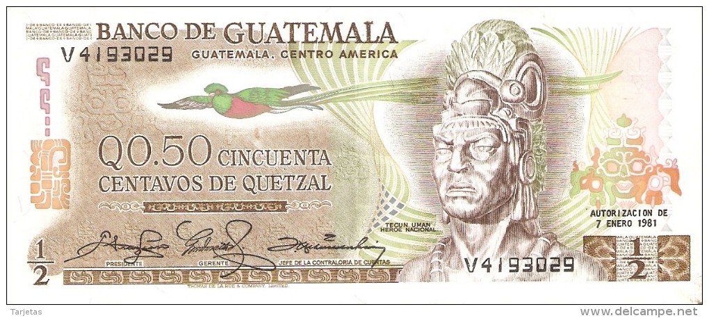 BILLETE DE GUATEMALA DE 1/2 QUETZAL DEL  7 ENERO 1981 CALIDAD EBC+ (XF) (BANK NOTE) - Guatemala