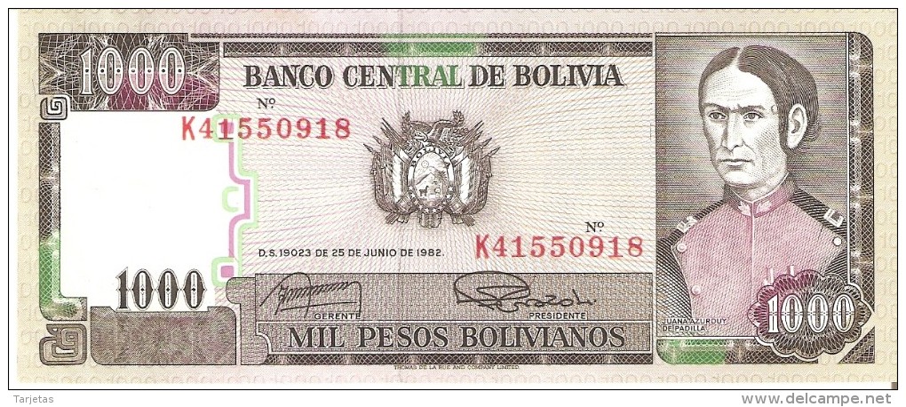 BILLETE DE BOLIVIA DE 1000 PESOS BOLIVIANOS DEL AÑO 1982 (BANKNOTE) SIN CIRCULAR-UNCIRCULATED - Bolivia
