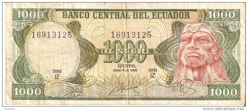 BILLETE DE ECUADOR DE 1000 SUCRES DEL AÑO 1988 (BANKNOTE) - Ecuador