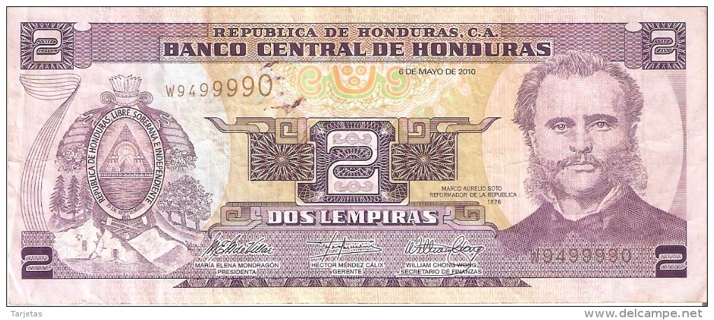 BILLETE DE HONDURAS DE 2 LEMPIRAS DEL AÑO 2010 (BANKNOTE) - Honduras