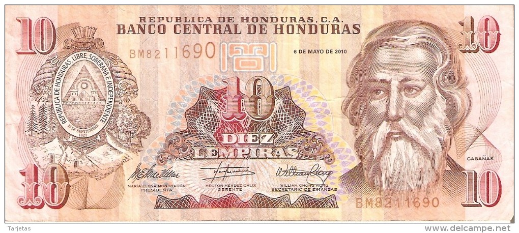 BILLETE DE HONDURAS DE 10 LEMPIRAS DEL AÑO 2010 (BANKNOTE) - Honduras