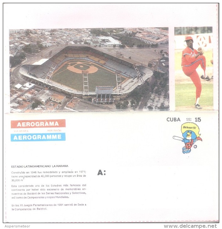 AEROGRAMA AEROGRAMME CUBA ESTADIO LATINOAMERICANO DE LA HABA JUEGOS PANAMERICANOS 1991 COMPETENCIA DE BEISBOL BASEBALL T - Andere & Zonder Classificatie