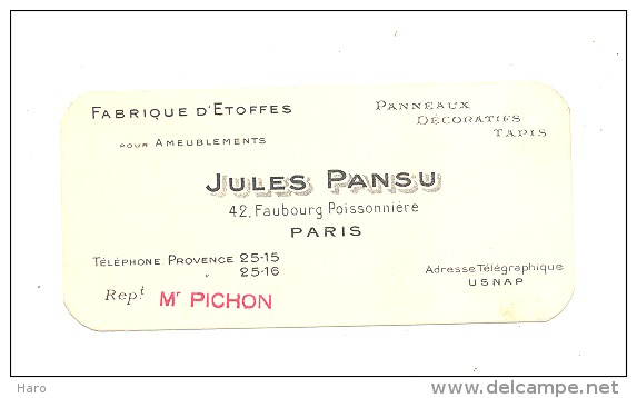 Carte De Visite - Fabrique D'Etoffes Jules PANSU à Paris (k) - Cartes De Visite