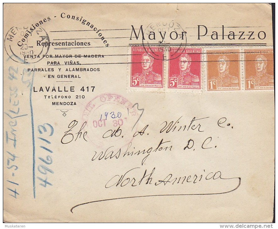 Argentina MAYOR PALAZZO, MENDOZA 1930 Cover Letra WASHINGTON D. C. United States 2x 2 Pairs San Martin Stamps - Briefe U. Dokumente