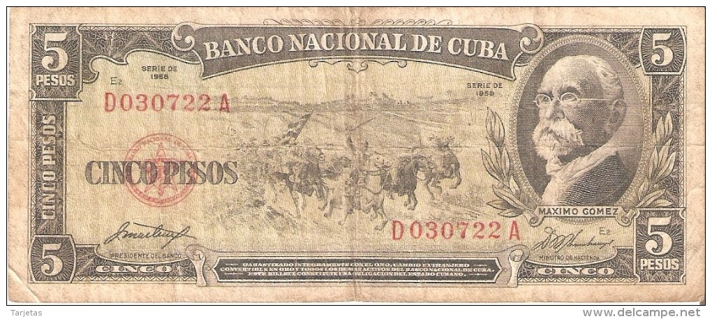 BILLETE DE CUBA DE 5 PESOS DEL AÑO 1958   (BANKNOTE)  MAXIMO GOMEZ - Cuba