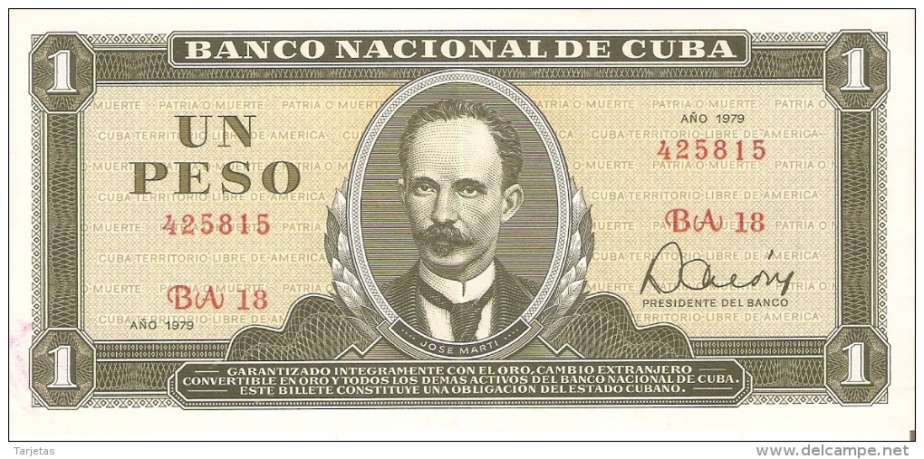 BILLETE DE CUBA DE 1 PESO DEL AÑO 1979 CALIDAD EBC (XF)  (BANK NOTE)  JOSE MARTI - Cuba