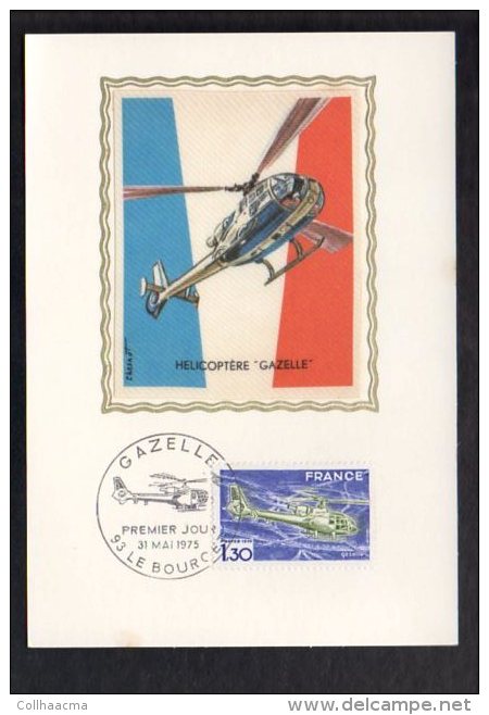 Aviation - 1975 FDC / Cachet à Date Le Bourget Sur Carte Maximum 1er Jour / Hélicoptère " Gazelle " - Hubschrauber