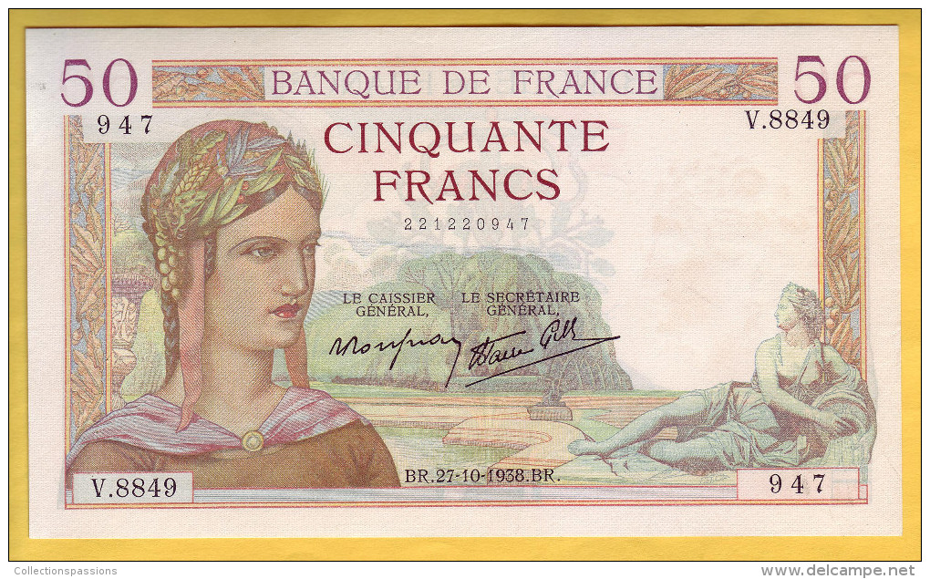 BILLET FRANCAIS - 50 Francs Cérès 27.10.1938 SUP - 50 F 1934-1940 ''Cérès''