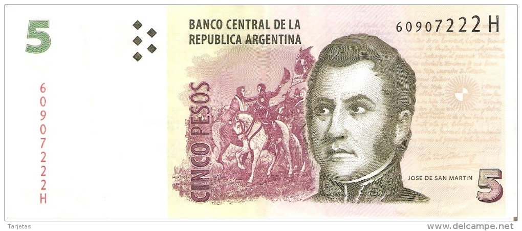 BILLETE DE ARGENTINA DE 5 PESOS SERIE H  (BANKNOTE) CALIDAD EBC (XF) - Argentina