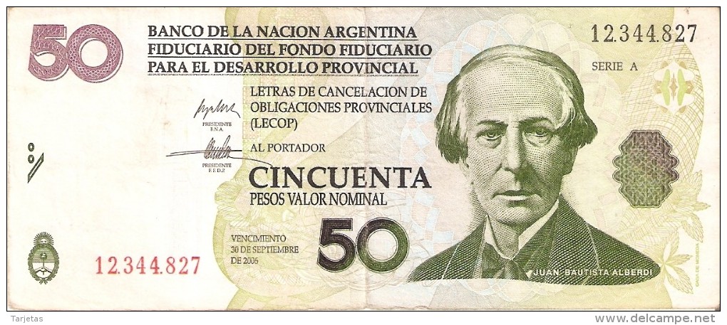 BILLETE DE ARGENTINA DE 50 PESOS DEL AÑO 2001 JUAN BAUTISTA ALBERDI (BANKNOTE) - Argentina