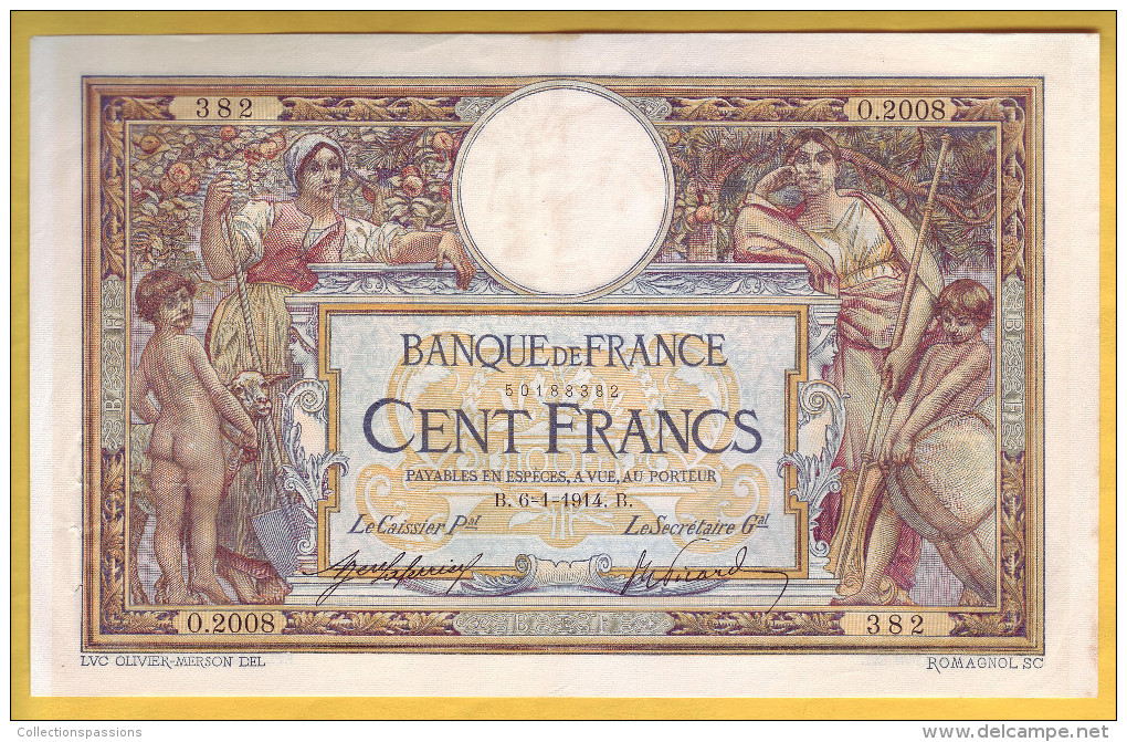 BILLET FRANCAIS - 100 Francs Luc Olivier Merson 6-1-1914 TTB+/SUP - 100 F 1908-1939 ''Luc Olivier Merson''