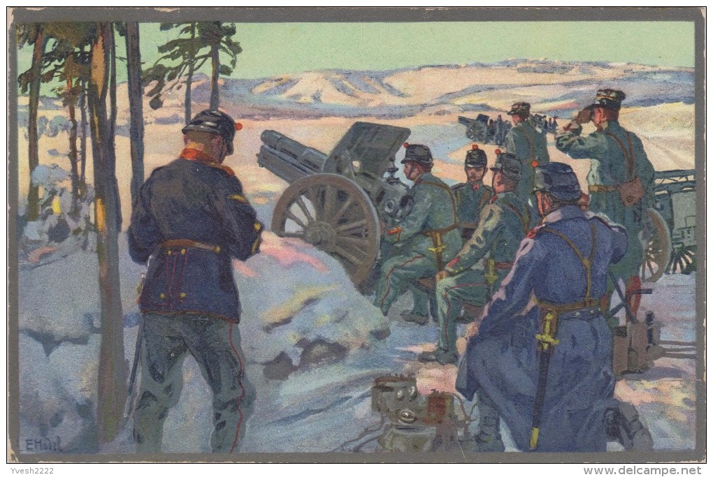 Suisse 1920. Carte En Franchise Militaire. Batterie D'obusiers Dans La Neige. Soldats Prêts Au Tir, Neige Dans Les Alpes - Mountains