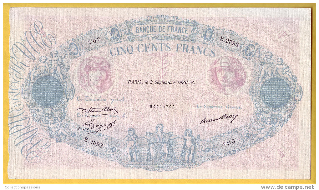 BILLET FRANCAIS - 500 Francs Bleu Et Rose 3-9-1936 TTB+ - 500 F 1888-1940 ''Bleu Et Rose''