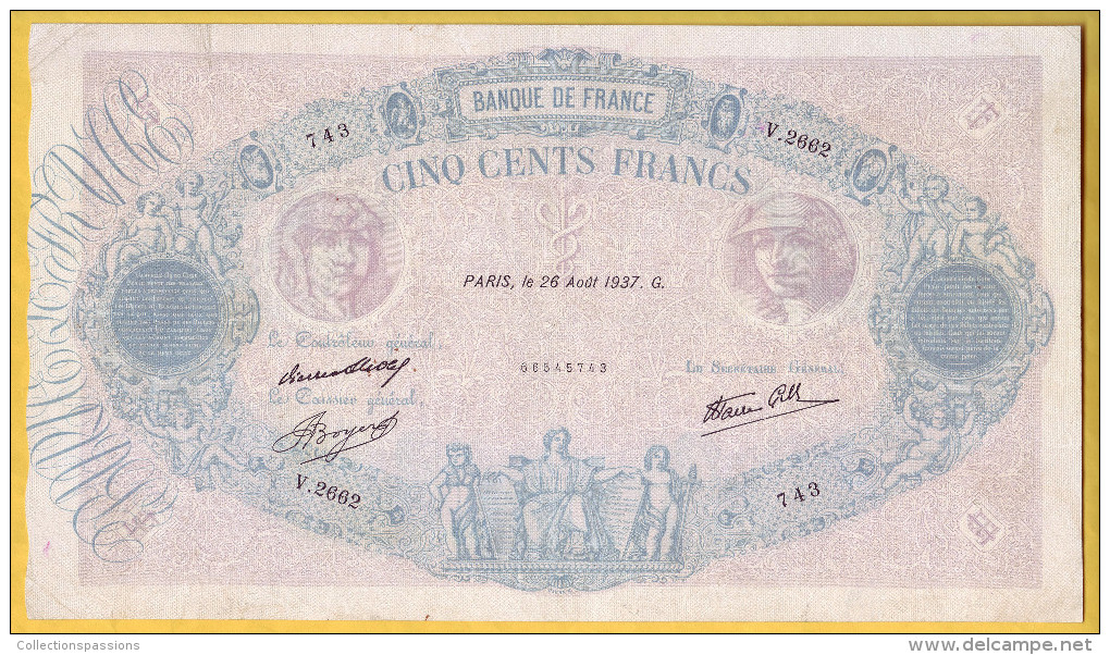 BILLET FRANCAIS - 500 Francs Bleu Et Rose 26-8-1937 TB+ - 500 F 1888-1940 ''Bleu Et Rose''