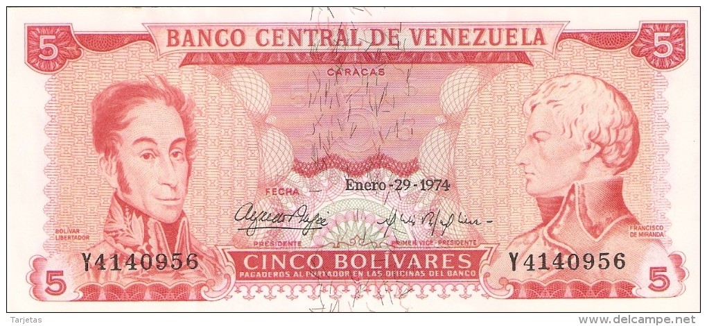 BILLETE DE VENEZUELA DE 5 BOLIVARES DEL AÑO 1974 CALIDAD EBC (XF)  (BANK NOTE) - Venezuela