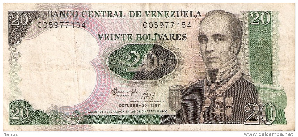 BILLETE DE VENEZUELA DE 20 BOLIVARES DEL AÑO 1987 (BANKNOTE) - Venezuela