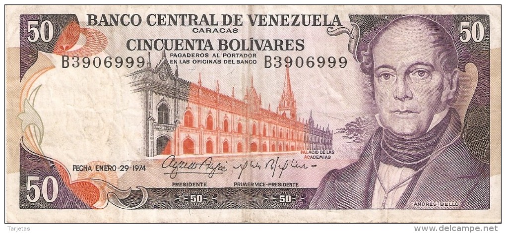 BILLETE DE VENEZUELA DE 50 BOLIVARES DEL AÑO 1974 (BANKNOTE) RARO - Venezuela