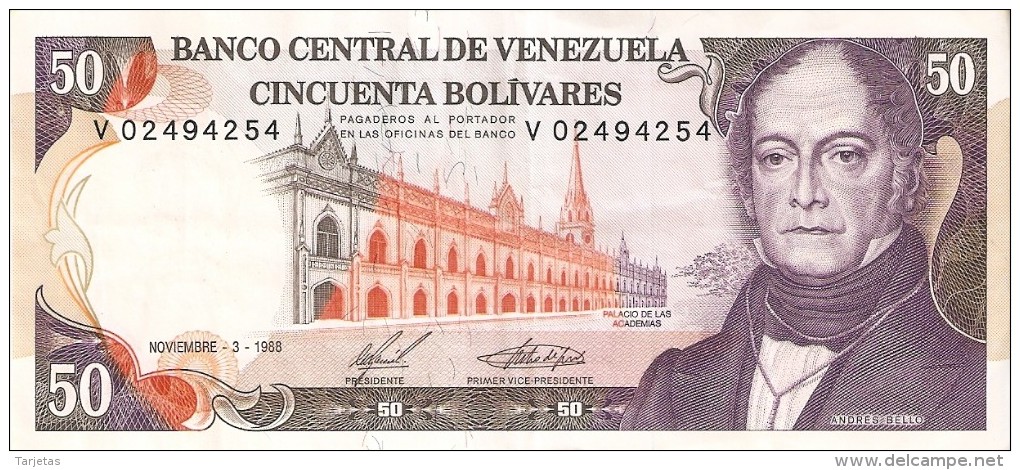 BILLETE DE VENEZUELA DE 50 BOLIVARES DEL AÑO 1988 CALIDAD EBC (XF)(BANKNOTE) - Venezuela