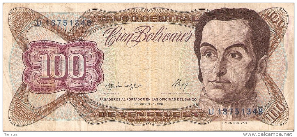 BILLETE DE VENEZUELA DE 100 BOLIVARES DEL AÑO 1987  (BANKNOTE) - Venezuela