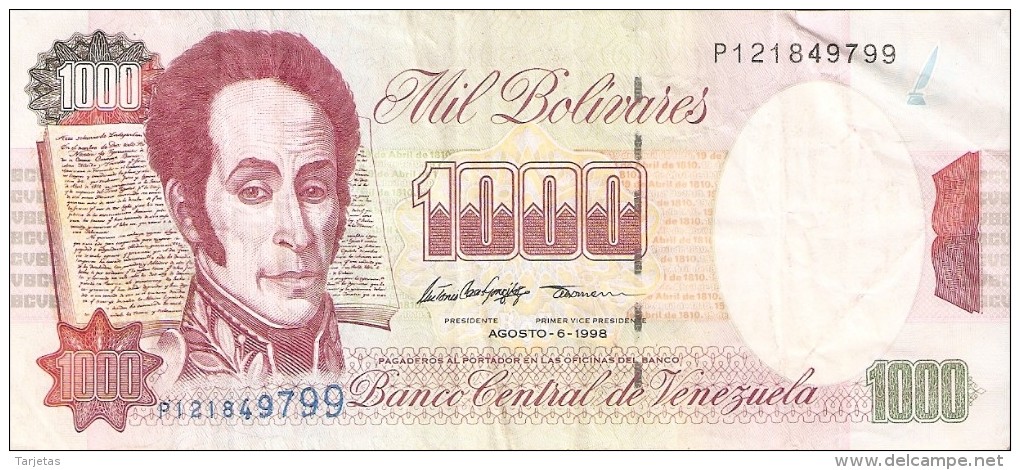 BILLETE DE VENEZUELA DE 1000 BOLIVARES DE AGOSTO DEL 1998 (BANKNOTE) - Venezuela