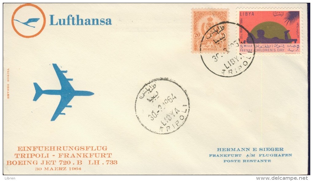 DV8-139 LIBIA 1964 FIRST FLIGHT COVER LH733 TRIPOLI - FRANKFURT. - Libië