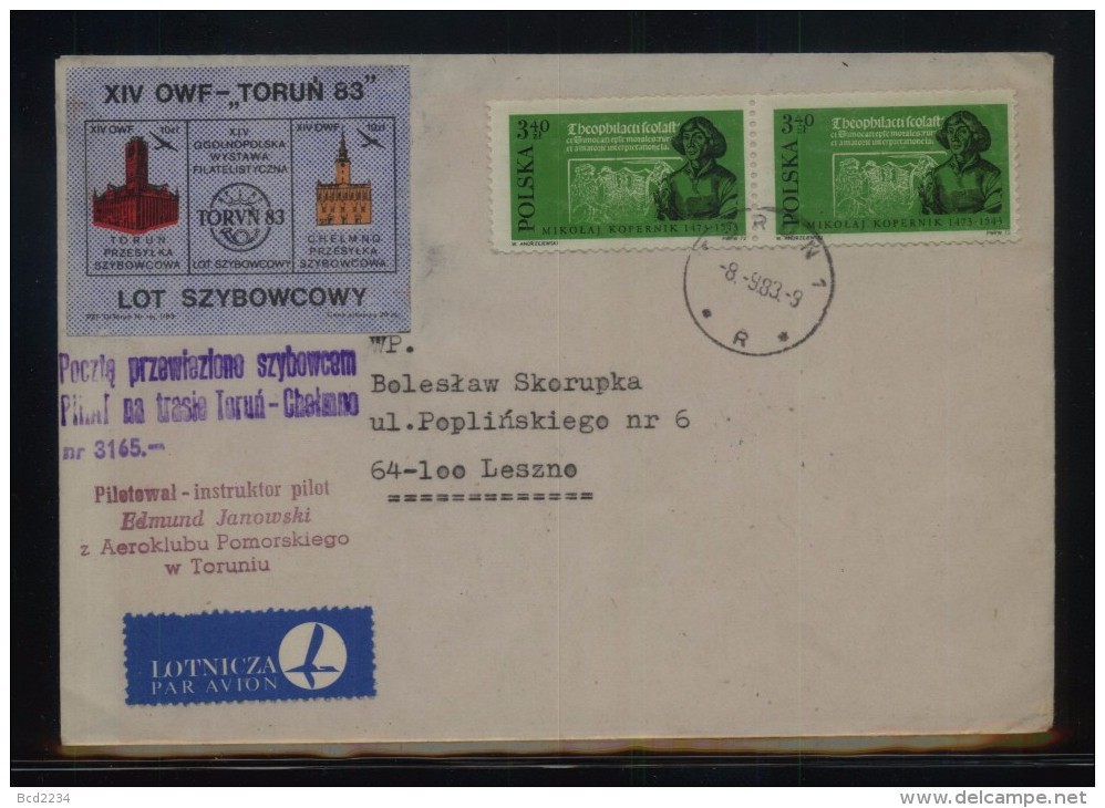 POLAND 1983 TORUN 83 PHILATELIC EXPO FLOWN GLIDER COVER CINDERELLA STAMPS CHELMNO RECEIVER REVERSE - Planeadores