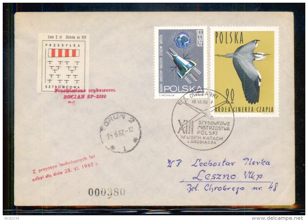 POLAND 1967 13TH NATIONAL GLIDING CHAMPIONSHIPS GLIDER FLOWN COVER CINDERELLA STAMP FLIGHT AIRPLANE AIRCRAFT - Planeadores