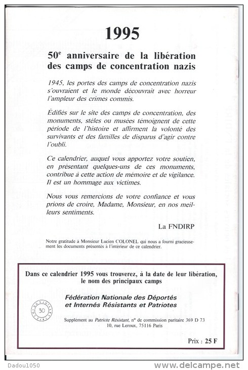 Calendriers  Et Carte ,menu,fédération Des Déportés,internés,résistants Et Patriotes 1995 - Autres & Non Classés