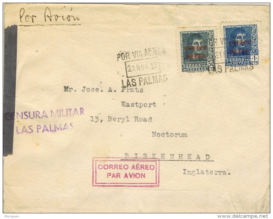 13955. Carta Aerea LAS PALMAS (Canarias) 1938. CENSURA Militar - Briefe U. Dokumente