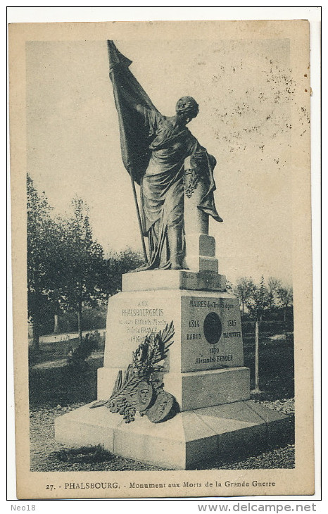 27 Phalsbourg Monument Aux Morts De La Grande Guerre Timbrée Semeuse 20 C 1928 - Phalsbourg