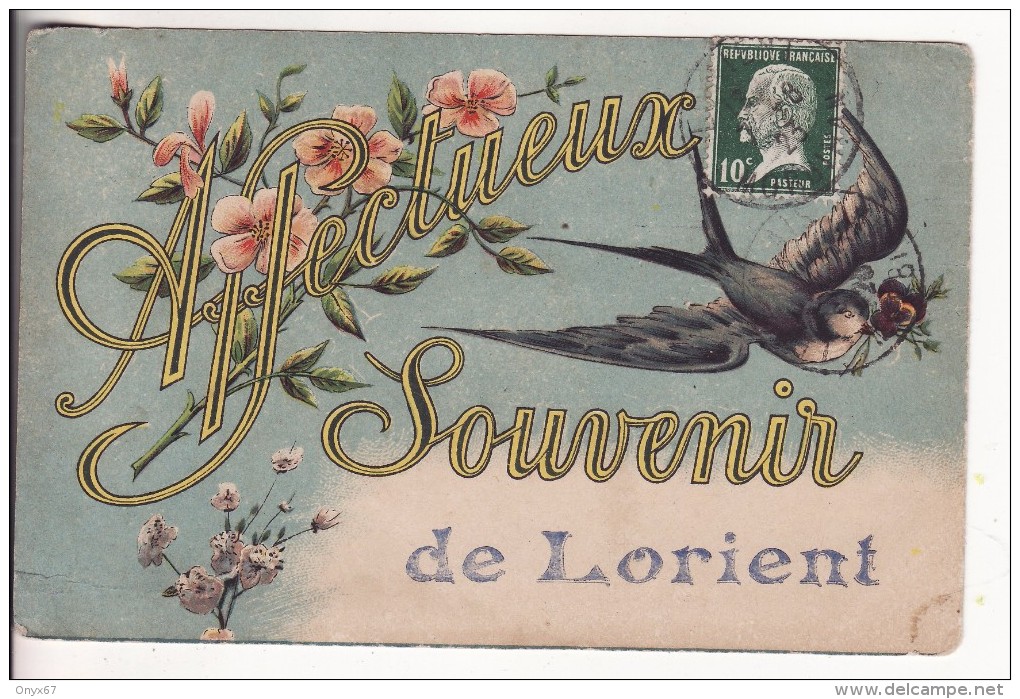 Carte Postale Fantaisie De LORIENT (Morbihan) Affectueux Souvenir De LORIENT-Oiseau-Hirondelle-Fleur-VOIR 2 SCANS - Lorient