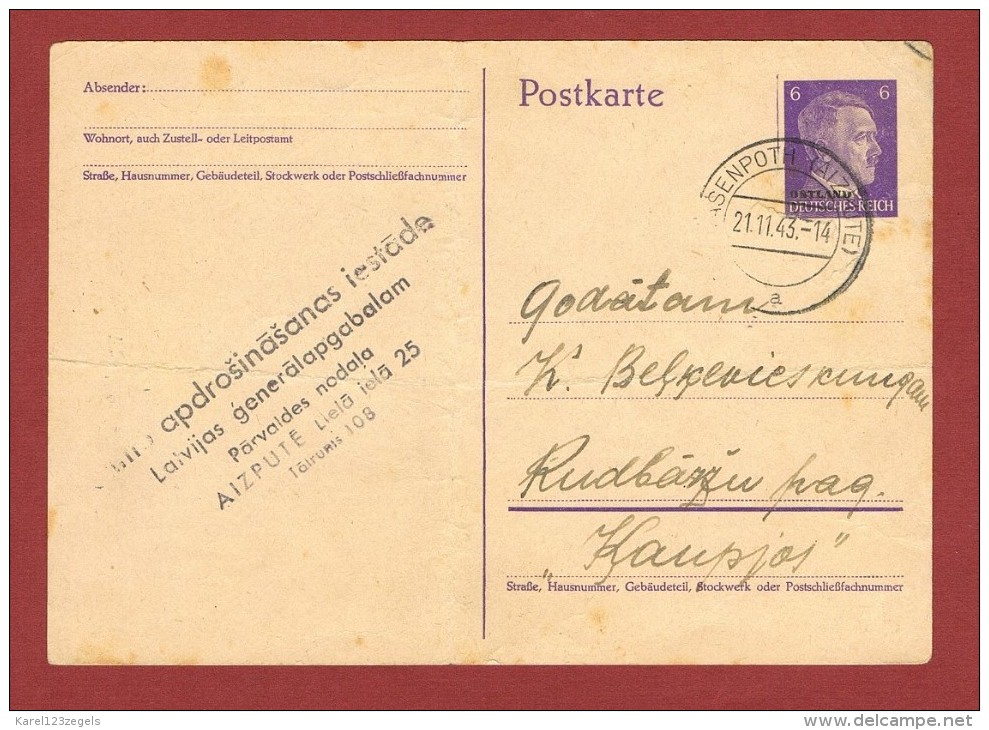 Postkarte Ostland  (Aizputé) 6 Pf. 21/11/1943 (Falte 2. Wahl)) - Occupation 1938-45