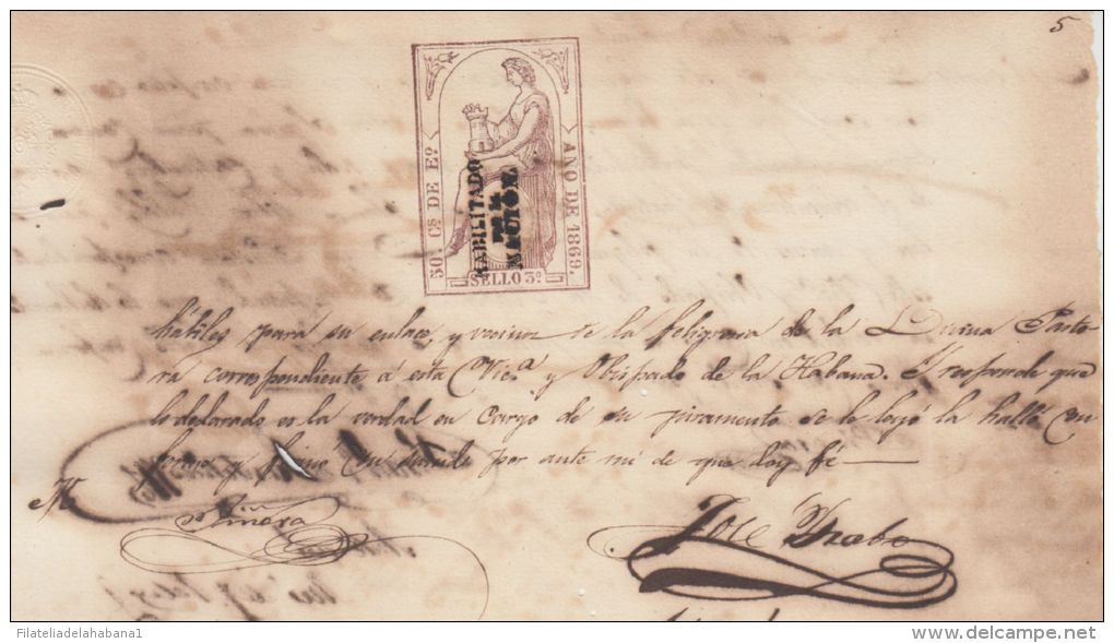 E1123 ANTILLES HAVANA SPAIN ESPAÑA OLD DOC REVENUE HABILITADO POR LA NACION 1869 - Fiscal-postal