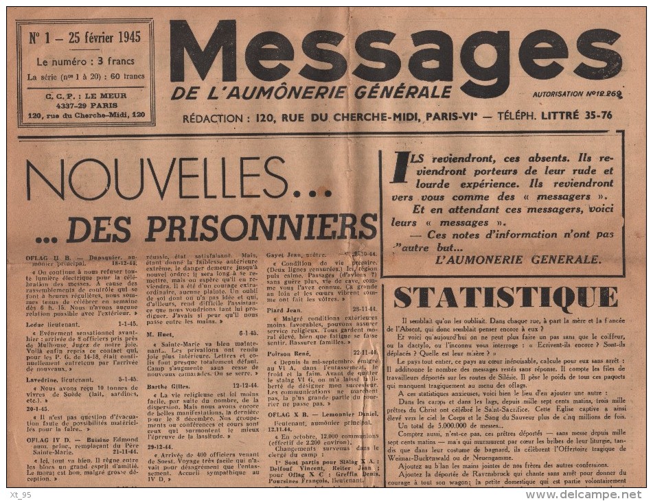 Messages De L Aumonerie Generale - N°1 - 25 Fevrier 1945 - Nouvelles Des Prisonniers - Journal Complet (4 Pages) - Other & Unclassified