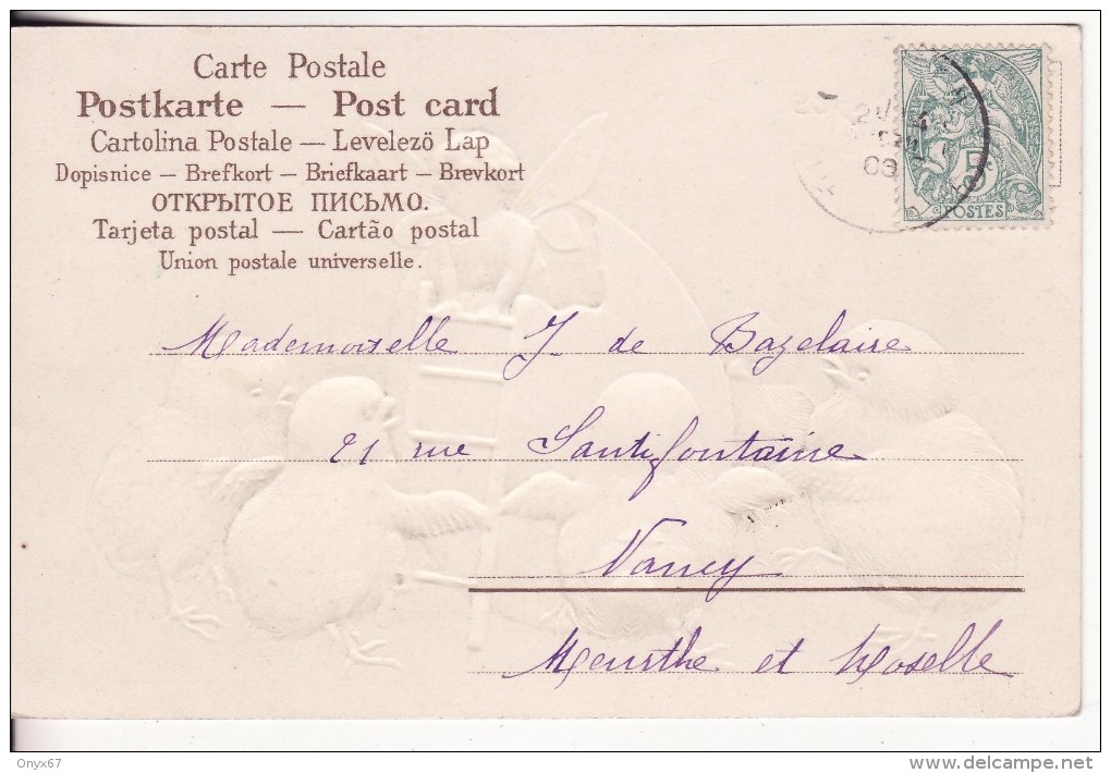 Carte Postale Fantaisie Gauffrée ANGE-POUSSIN-OISEAU-OEUF  " Joyeuses Pâques " - 2 SCANS - - Pâques