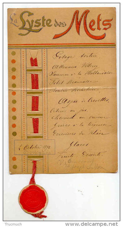 Menu Du 02-10-1892  - *La Lyste Des Mets* Cordon Bon Appétit - Potage Tortue... Mademoiselle Alice NAVEAU *12 X 18,2 Cm* - Menükarten