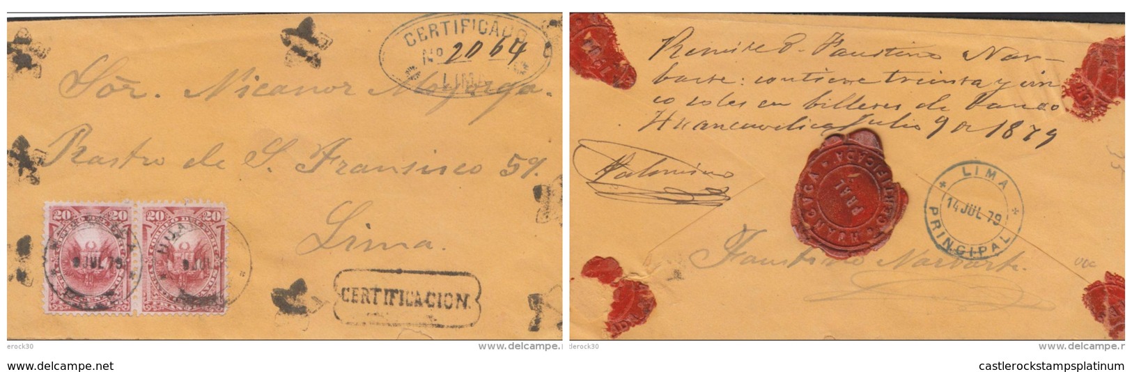 G)1879 PERU, FRANKED BY PAIR OF 1878 20 C. CARMINE TIED HUANCUACA CD'S FLOWER SHAPPED CANCELS IN BLACK AROUND EDGES DETO - Peru