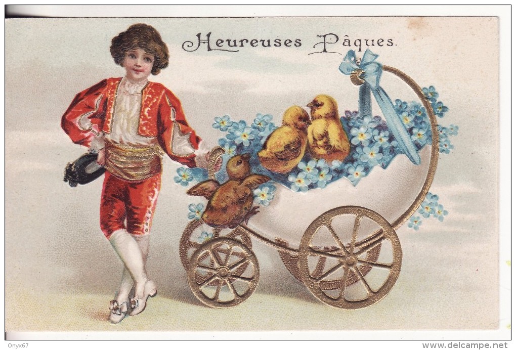 Carte Postale Fantaisie GAUFFREE " Heureuses Pâques " - Enfant-Garçon-Chariot Avec Poussin Et OISEAU-Fleur Et Ruban - Pâques