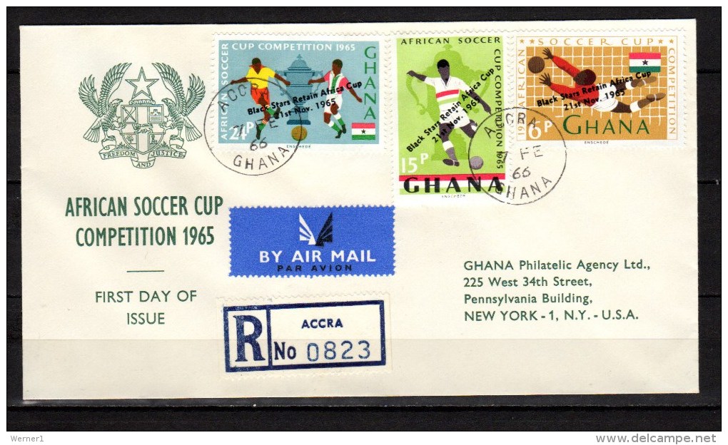 Ghana 1966 Football Soccer, Africa Cup Set Of 3 With Winners Overprint On Registered FDC To USA - Africa Cup Of Nations