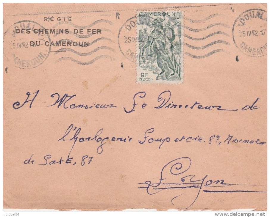 Cameroun Yvert  291 Sur Lettre Entête Chemins De Fer  Flamme DOUALA 25/4/1952 - Storia Postale