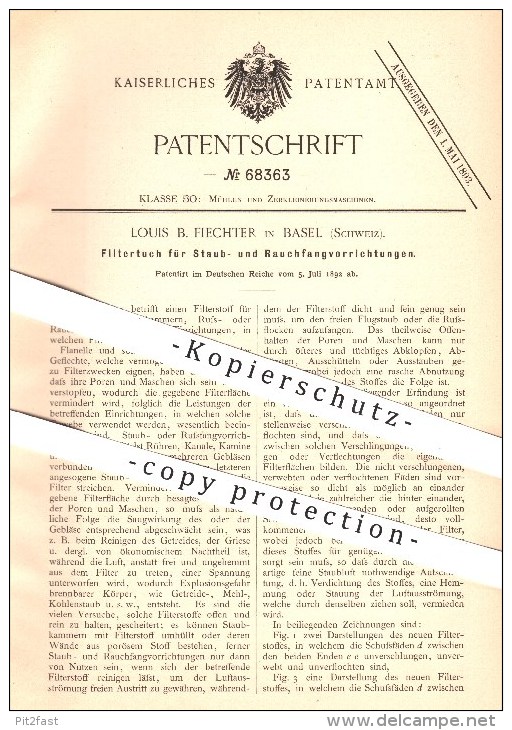 Original Patent - Louis B. Fiechter In Basel , Schweiz , 1892 , Filtertuch Für Staub- Und Rauchfangvorrichtungen , Mühle - Documents Historiques