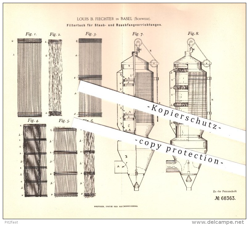 Original Patent - Louis B. Fiechter In Basel , Schweiz , 1892 , Filtertuch Für Staub- Und Rauchfangvorrichtungen , Mühle - Documents Historiques